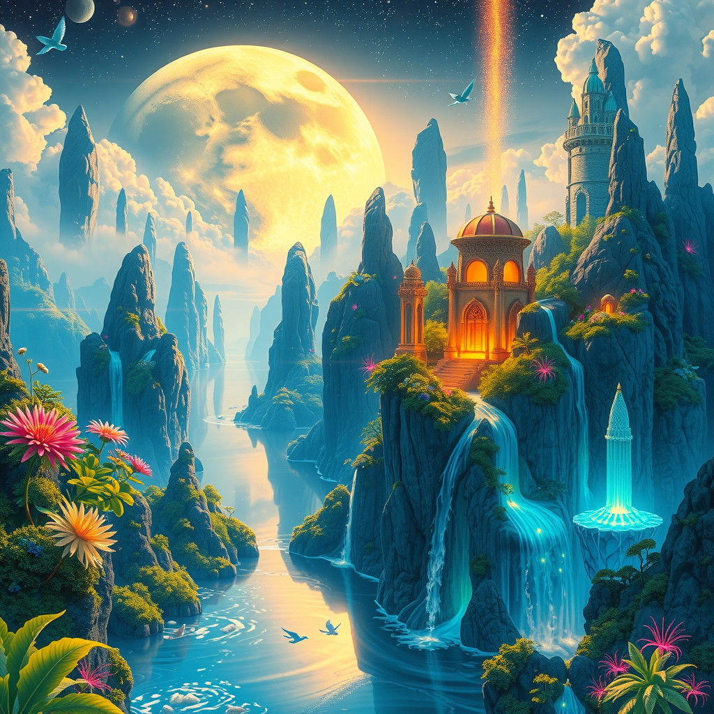 Surreal Landscape with Floating Islands and Bioluminescent F...