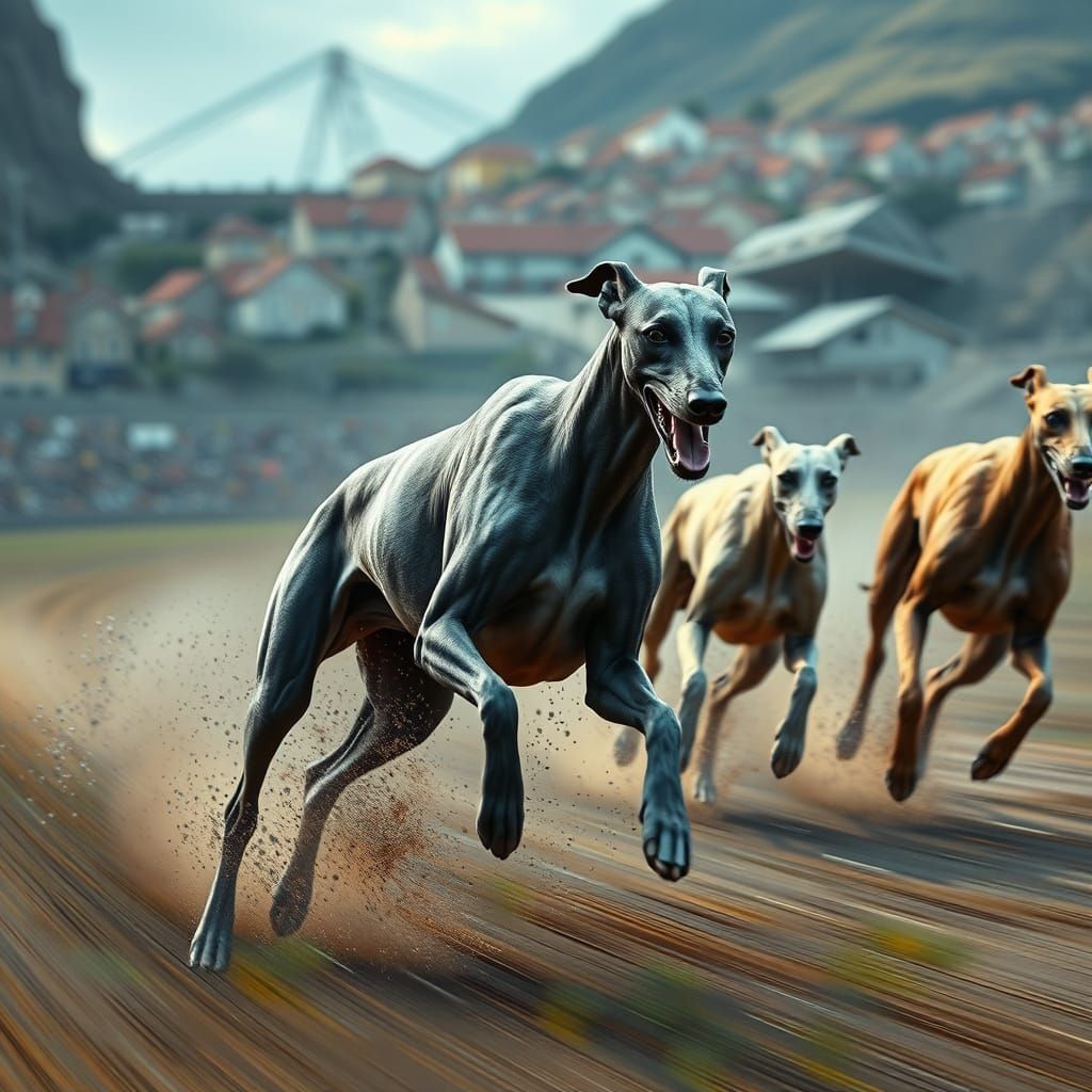 Frenzied Greyhound Race in a Matte Painting Style