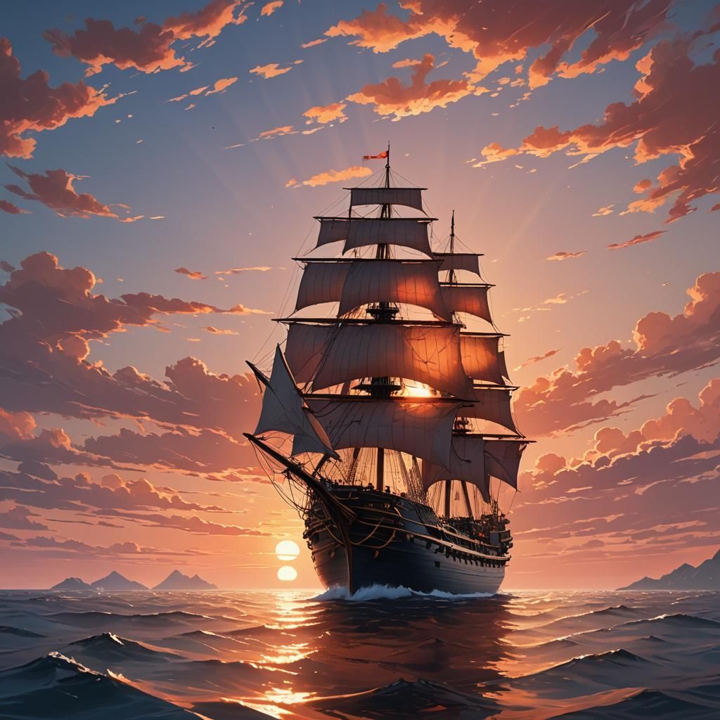 Majestic Ship at Sunset in Anime Style