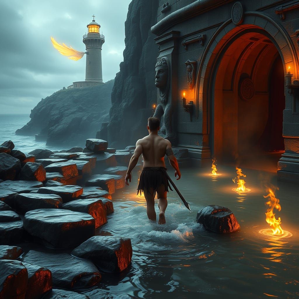 Celtic Warrior at Temple with Distant Lighthouse