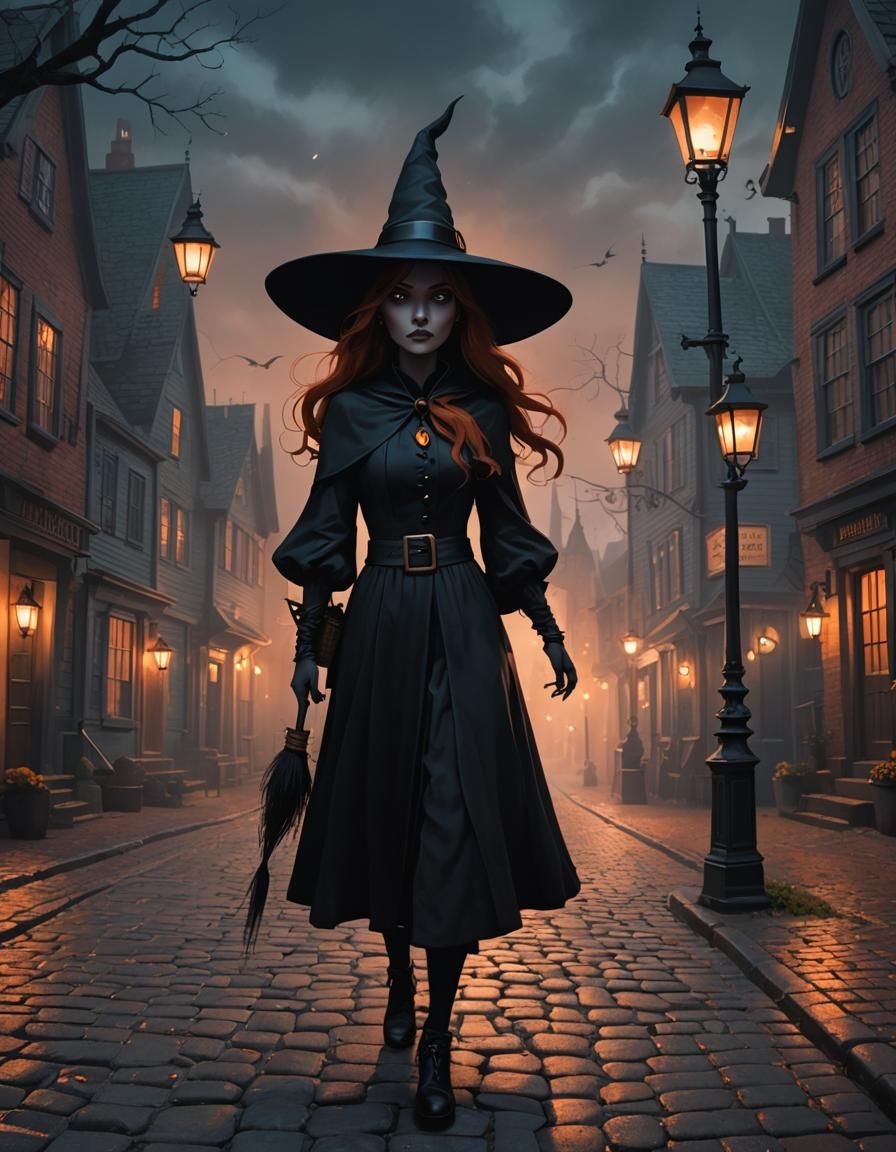 Eerie Witch in Salem at Dusk: A Dark Fantasy