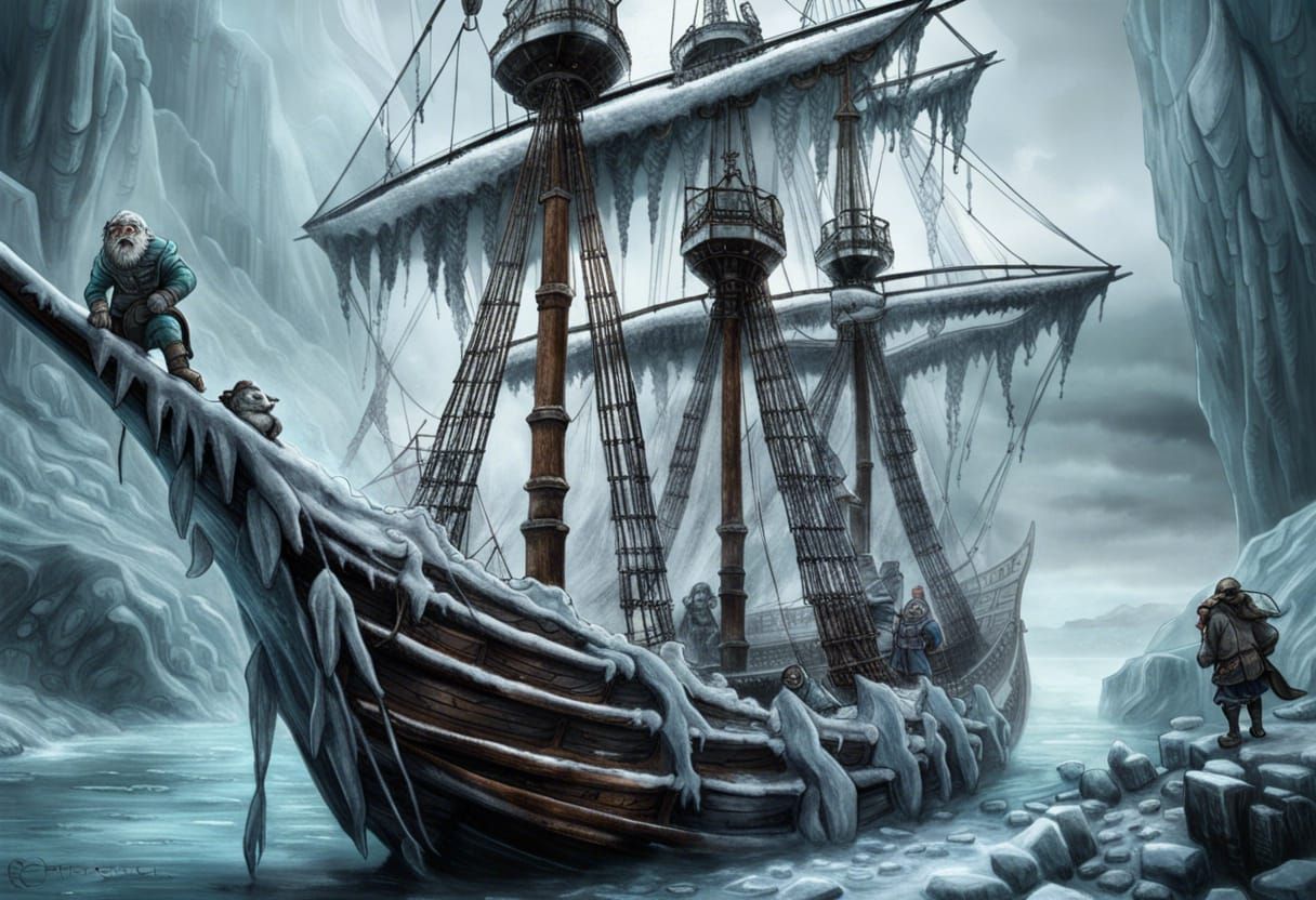 Ice Goblins Boarding Frozen Ship: Hyperdetailed Charcoal Dra...