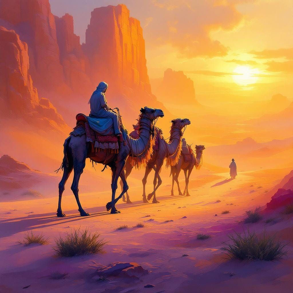 Desert Oasis Caravan in Impressionist Gouache Style