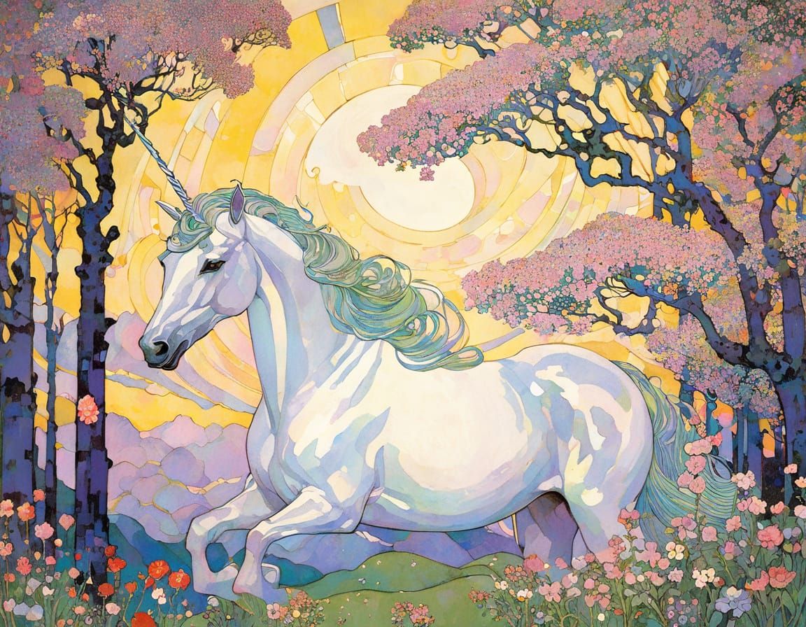 Vibrant Spring Scene with Unicorn in Pastel Hues