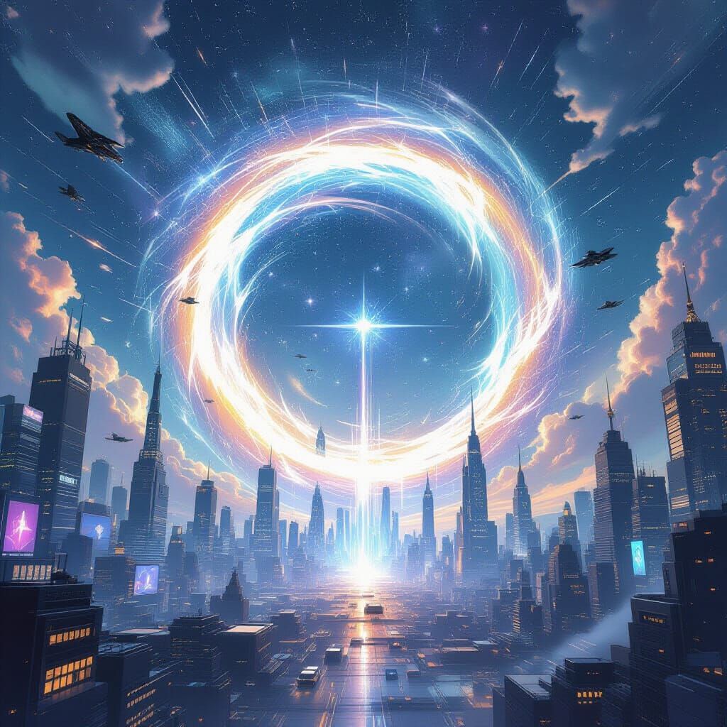 Shimmering Starlight Portal Above Futuristic Cityscape