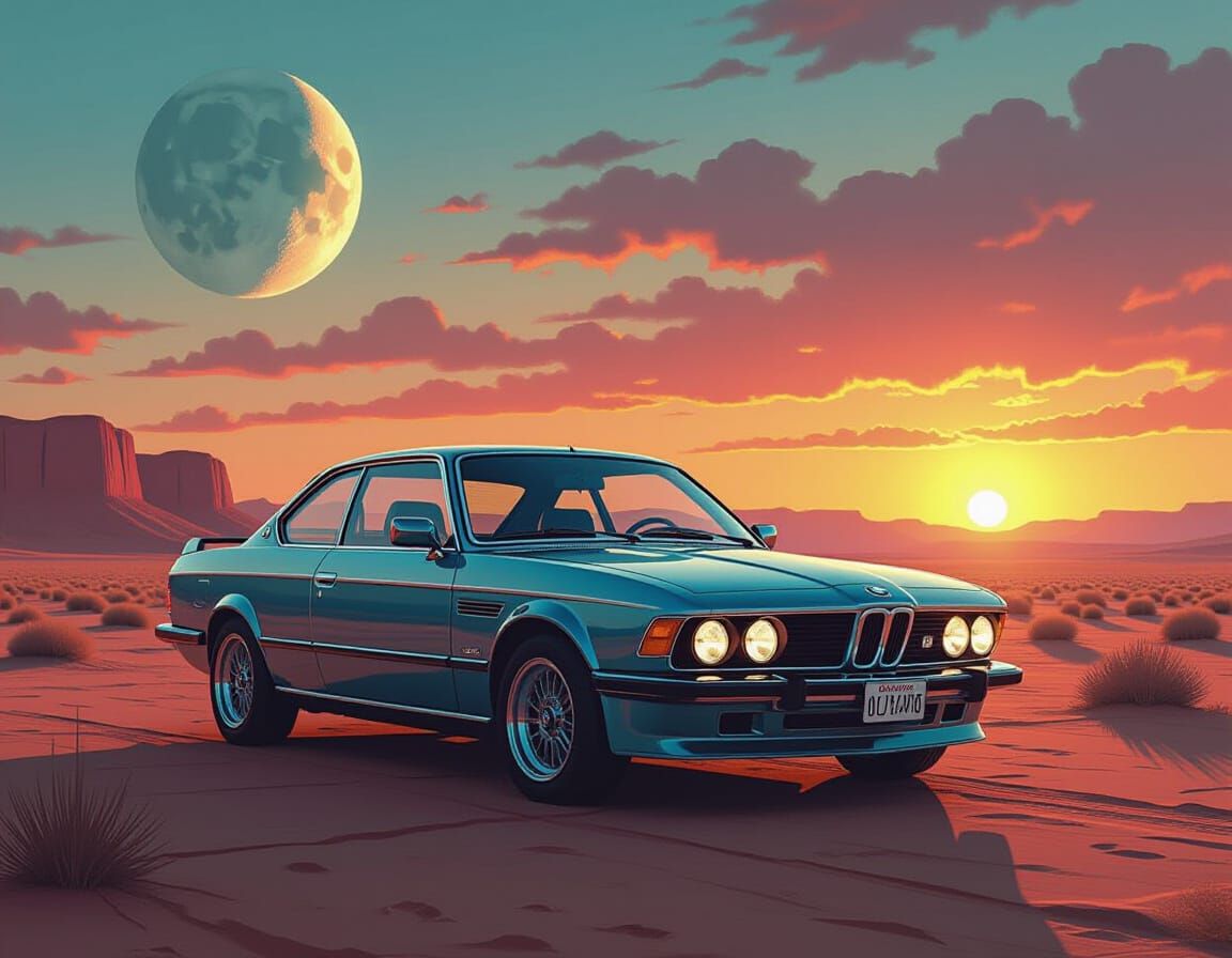 1970s BMW Muscle Car on Alien Desert Landscape