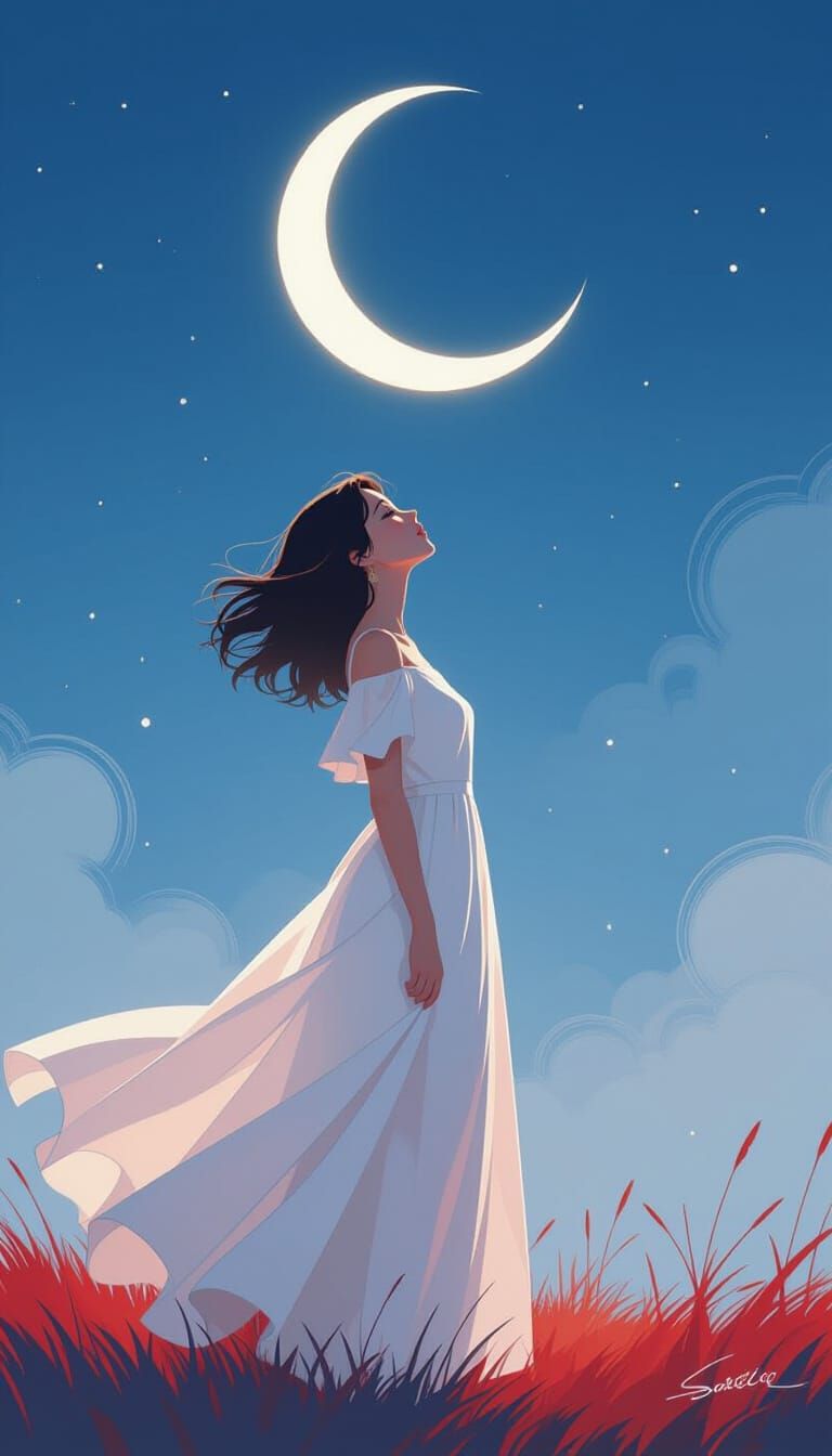 Dreamy Woman Gazing at Crescent Moon, Digital Art