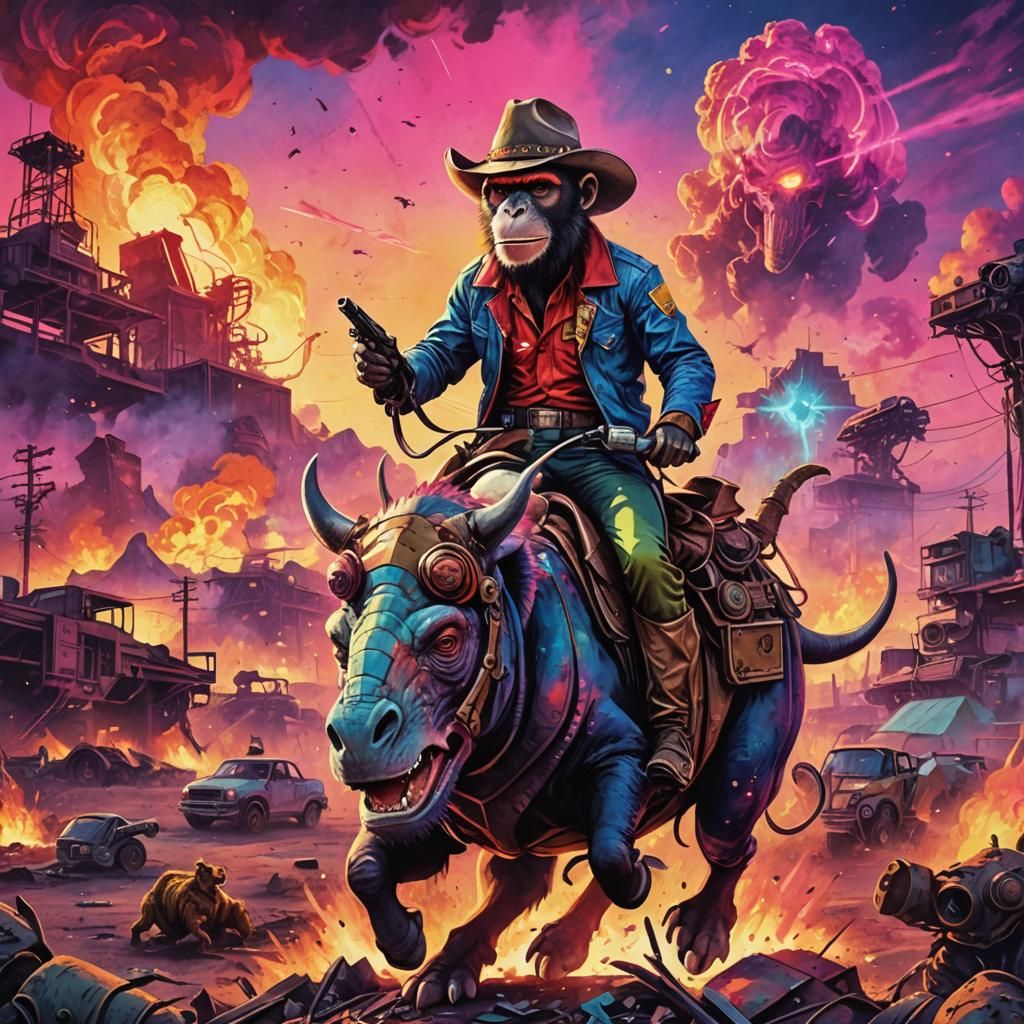 Cowboy Monkey Rides Triceratops in Watercolor Style