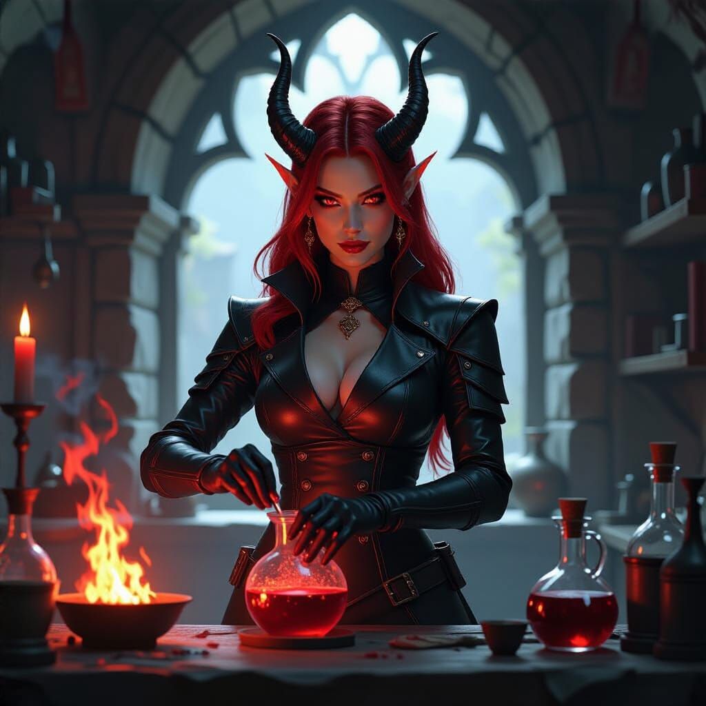 Tiefling Alchemist Mixing Explosions in Gothic Laboratory