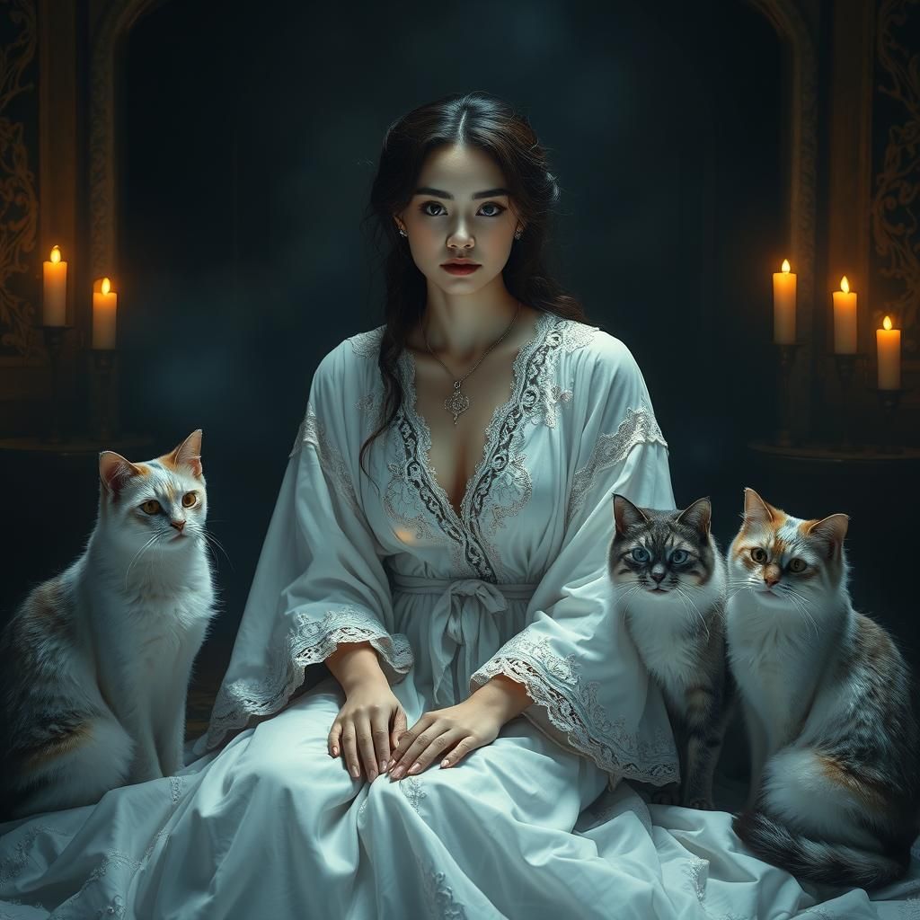 Ethereal Woman with Cats in Northern Renaissance Style