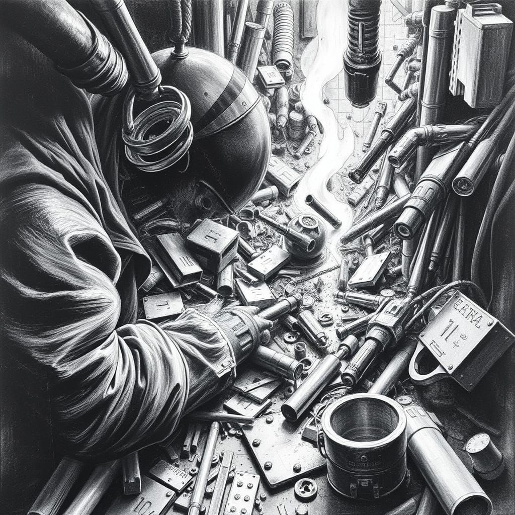 Hyperdetailed Charcoal Drawing of Exponential Dismantling