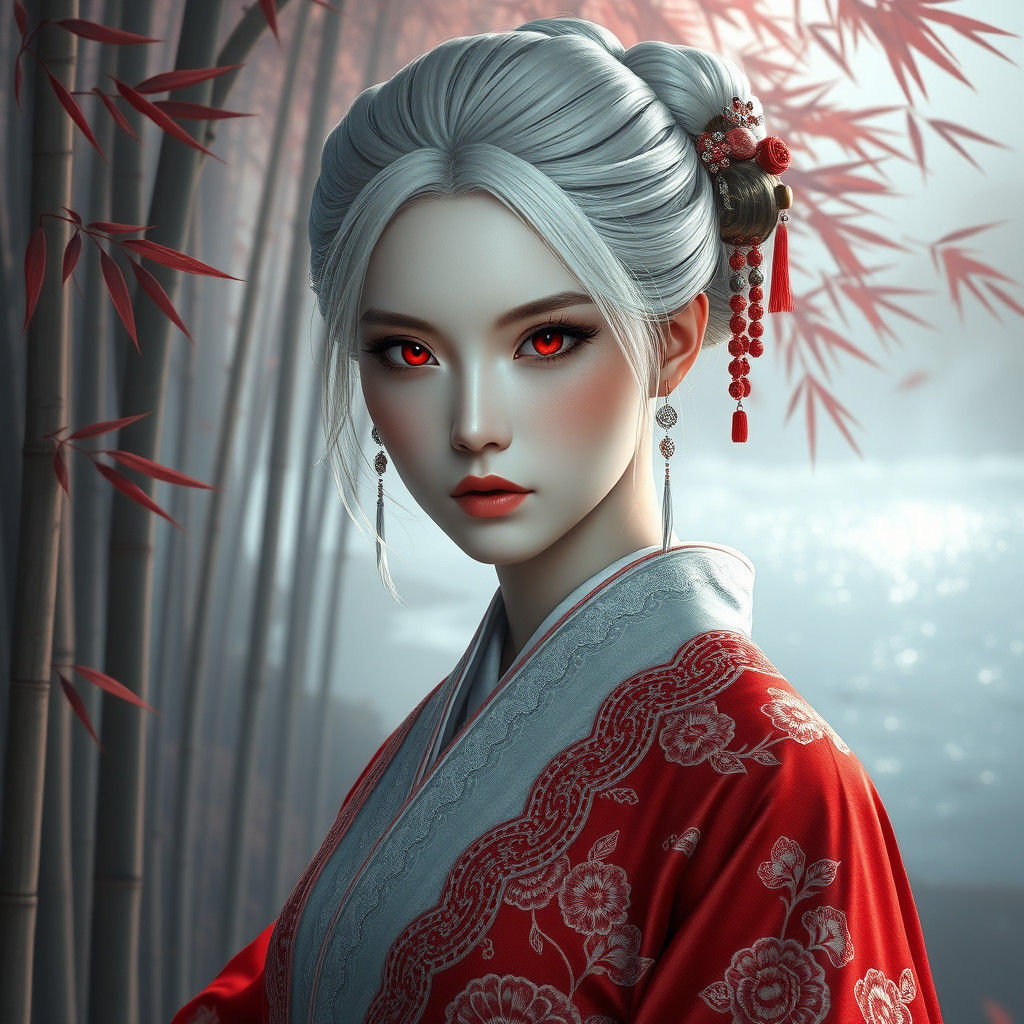 Albino Woman in Hanfu, Bamboo Forest, Art Nouveau Style