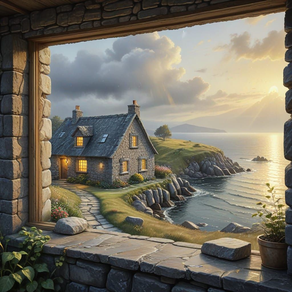 Seaside Cottage in Watercolor Style with Golden Lighting