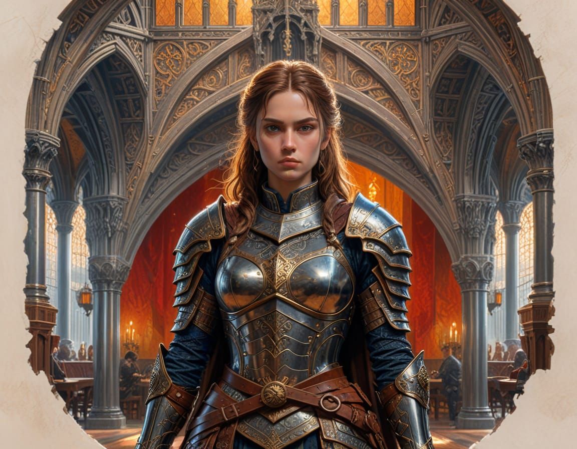Medieval Fantasy Woman in Armor Stands in Grand Dining Hall