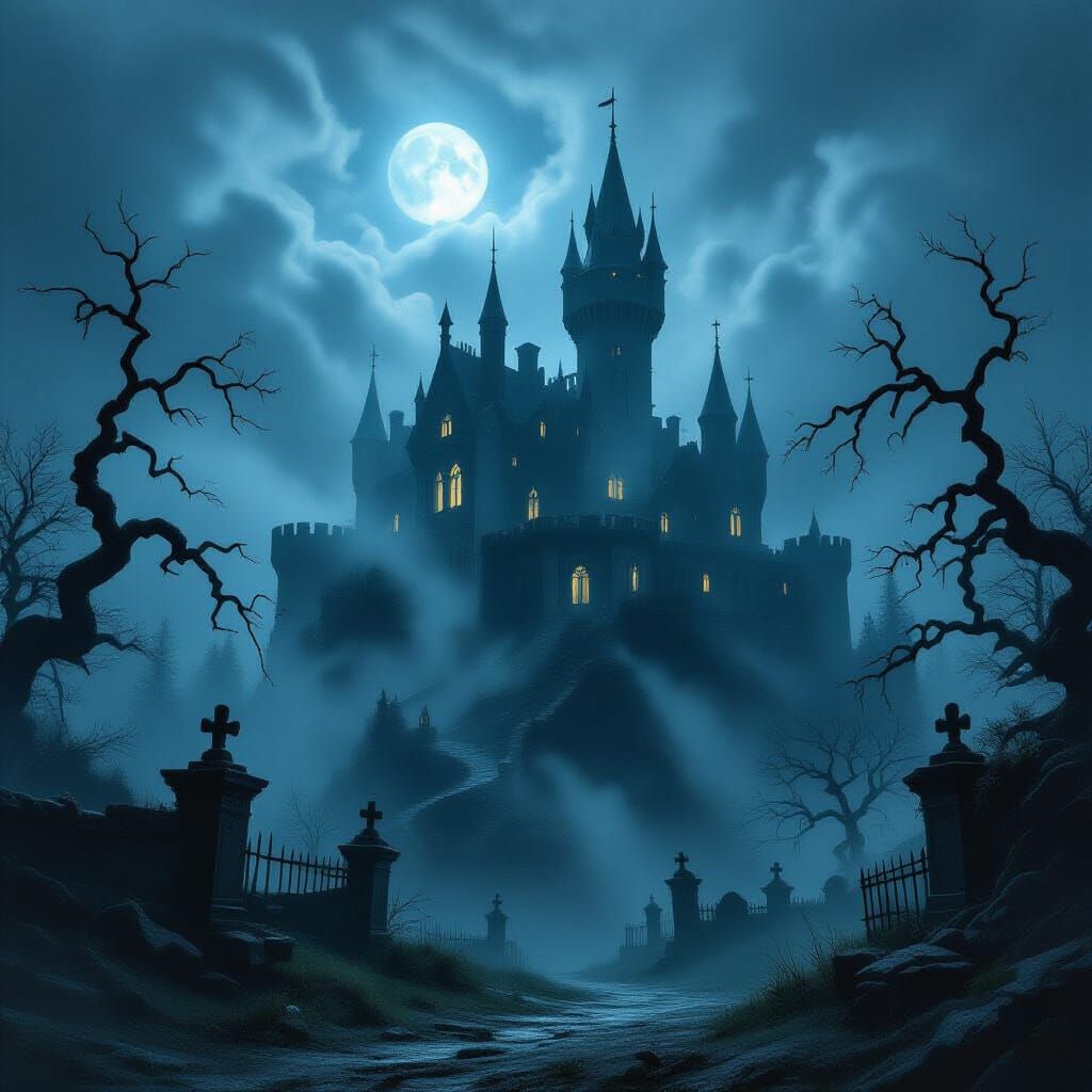 Gothic Haunted Castle in Foggy Graveyard