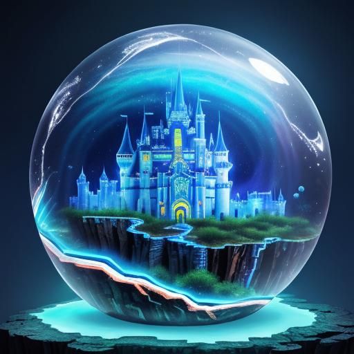 Magical Castle in Iridescent Bubble with Lightning