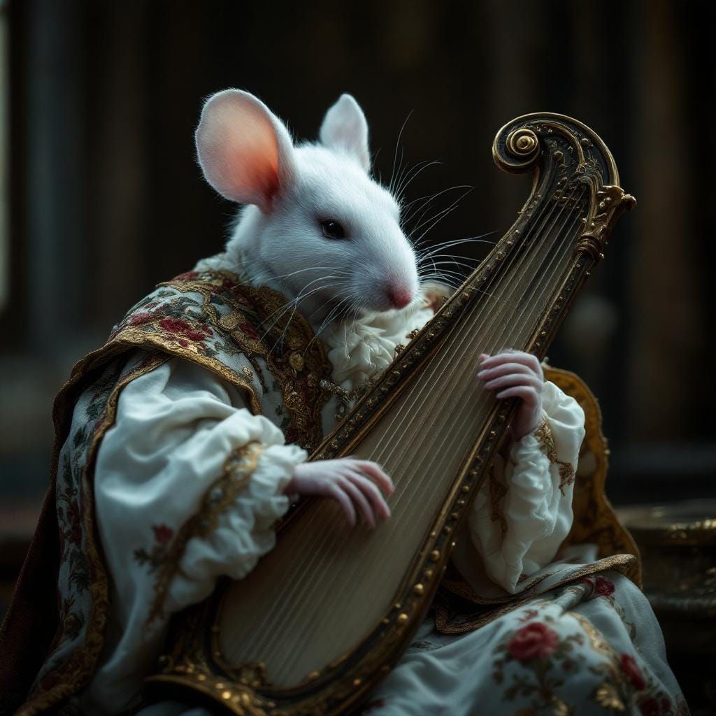 Giant Mouse Plays Harp in Rococo Style