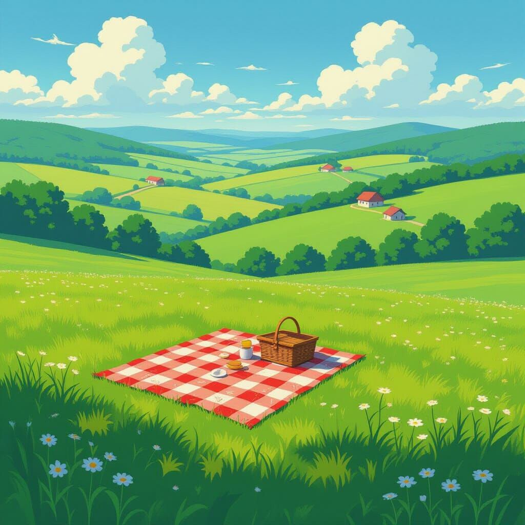 Aerial View of Picnic Blanket in Dreamy Landscape