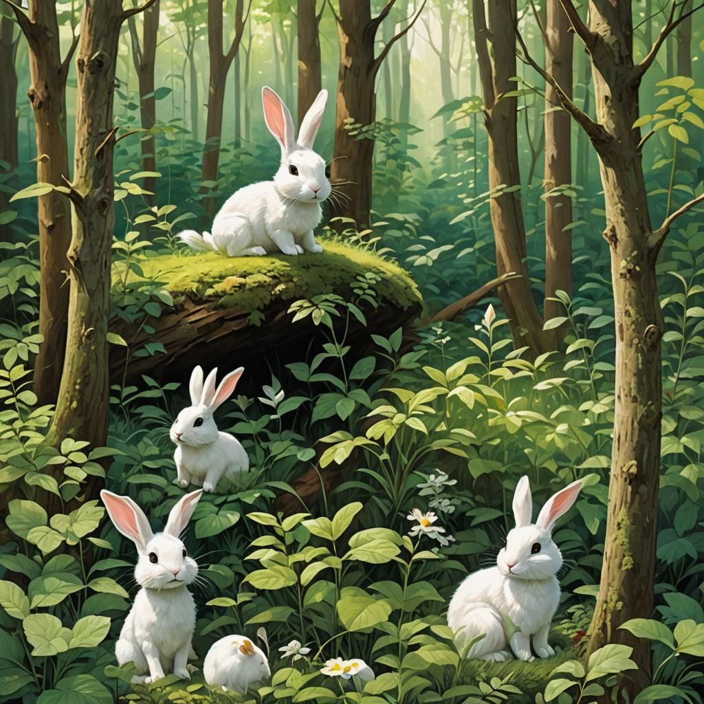 Cheerful Rabbit in Lush Forest, Detailed Matte Painting