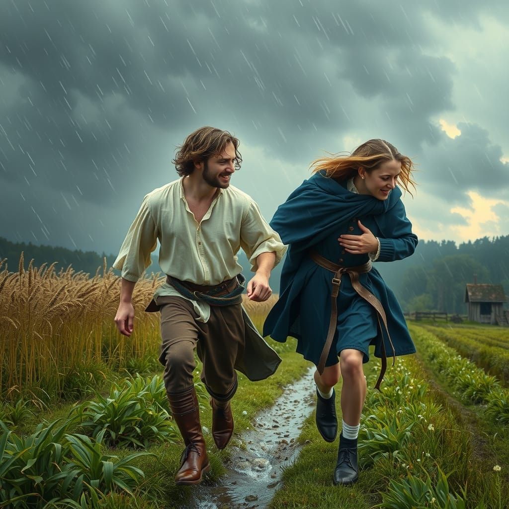 16th Century English Countryside Storm with Running Youths