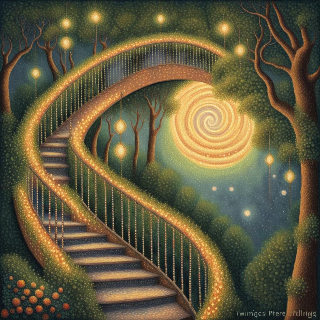 Ethereal Pointillist Staircase Ascends to Moon