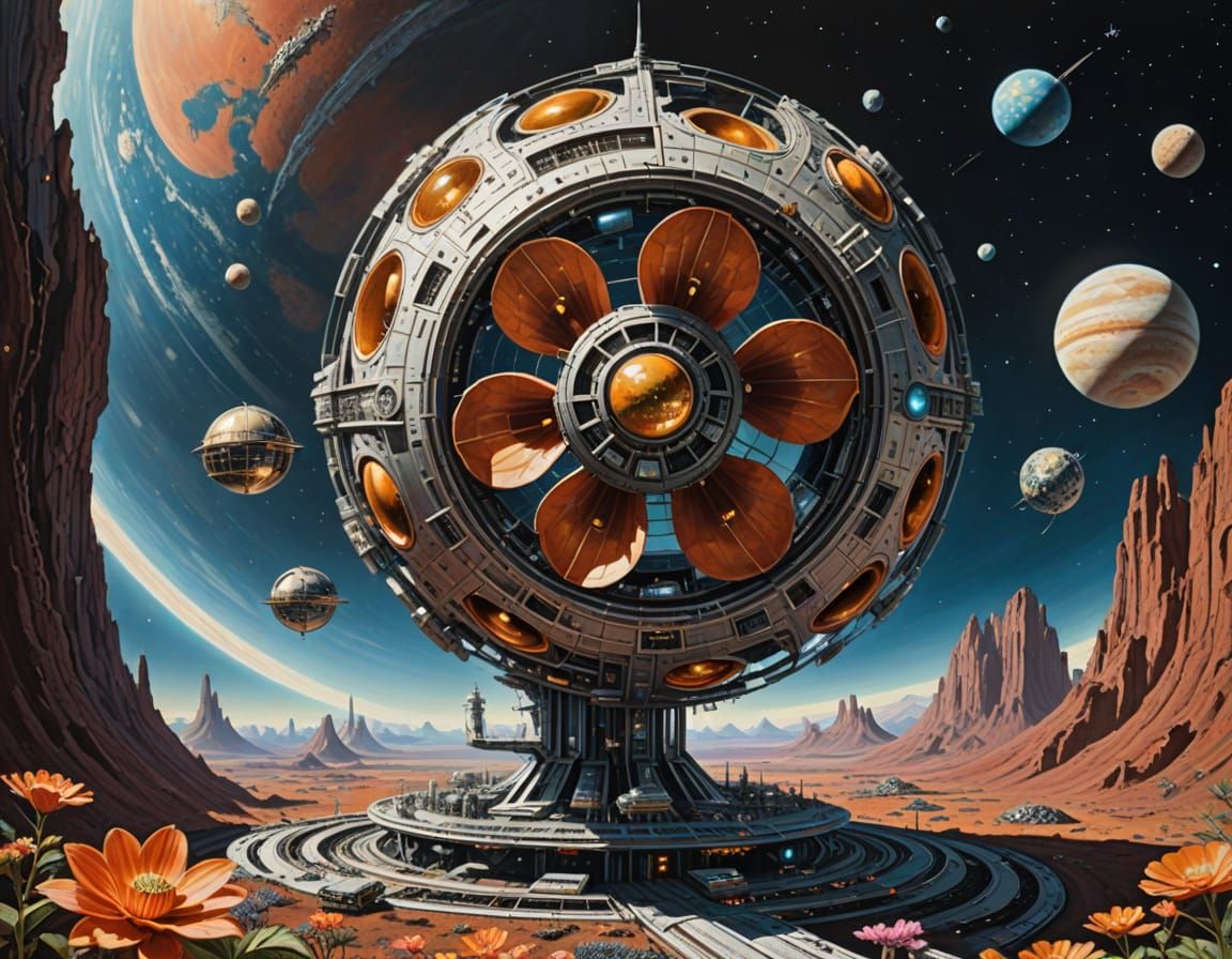 Metallic Hydnora Space Station Orbiting Earth