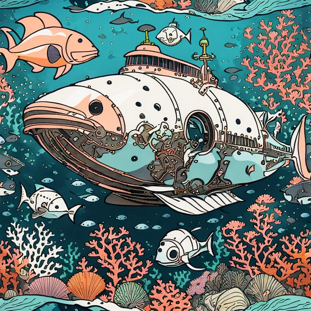 Steampunk Nautilus Submarine and Mermaids Undersea