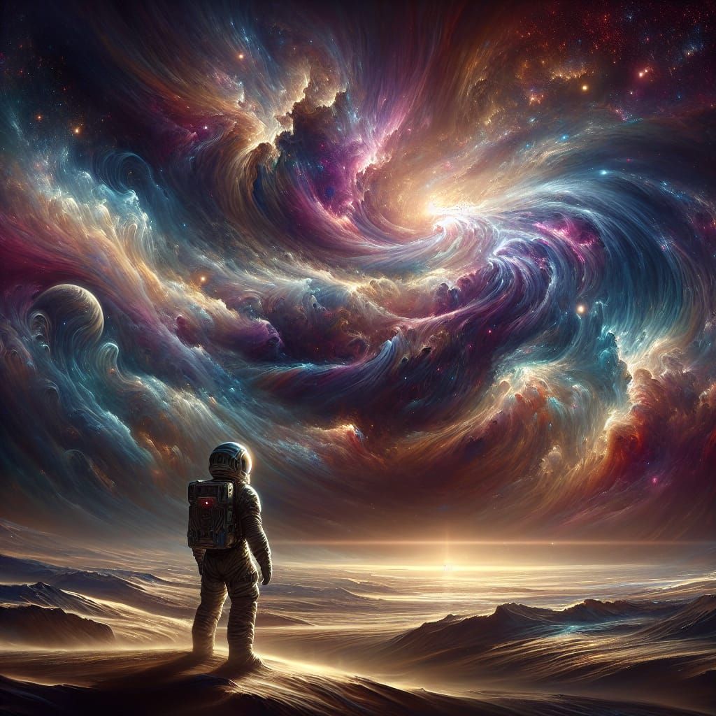 Astronaut Gazing at Nebula in Baroque Rococo Style