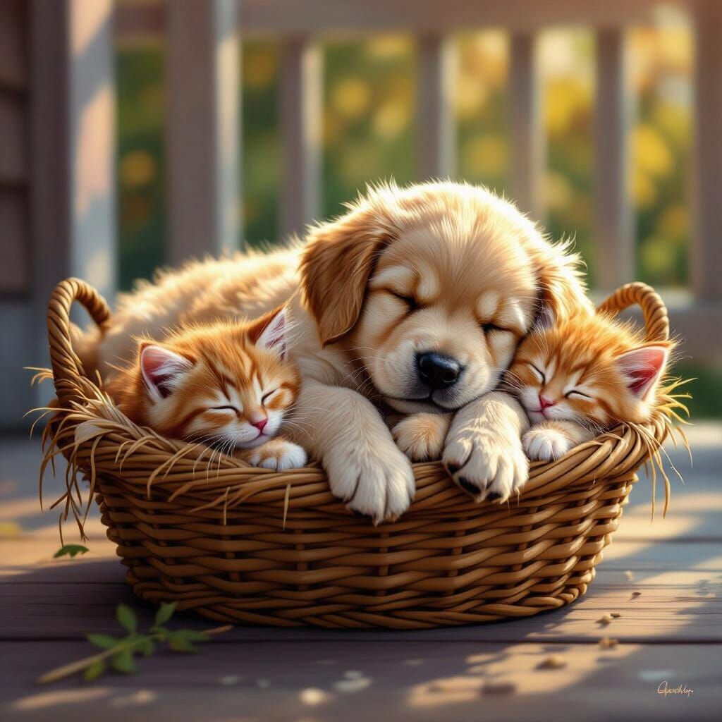 Golden Retriever Puppy and Kitten Sleeping in Basket