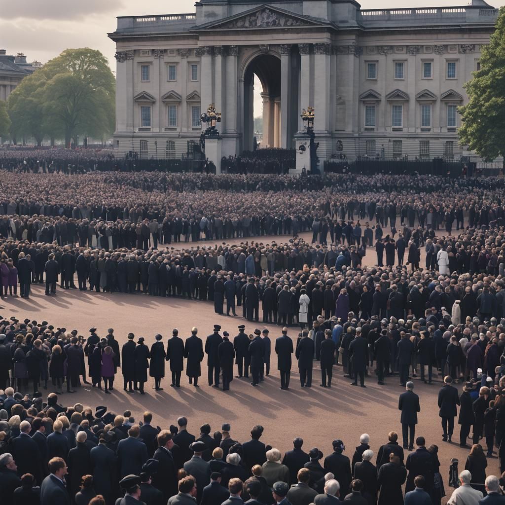 Mourning Scene at Buckingham Palace in Photorealistic Style