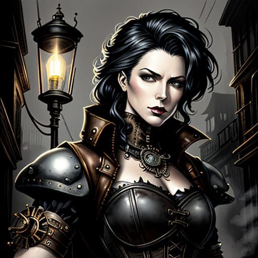 Steampunk Femme Fatale in Foggy Alley, Comic Art