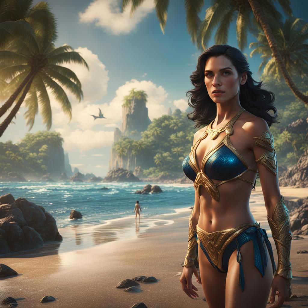 Diana Prince in a bikini on a tropical beach