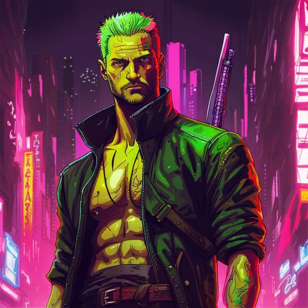 Roronoa Zoro in Cyberpunk 2049 Neon Style