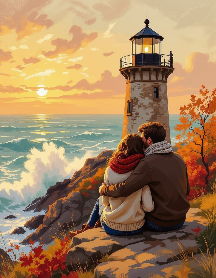 Romantic Lighthouse View of Autumn Foliage