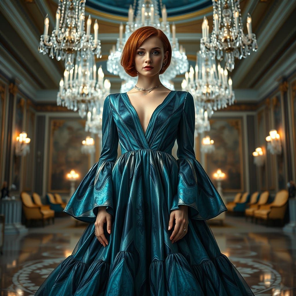 Woman in Iridescent Crystal Geode Ballgown, Opulent Ballroom