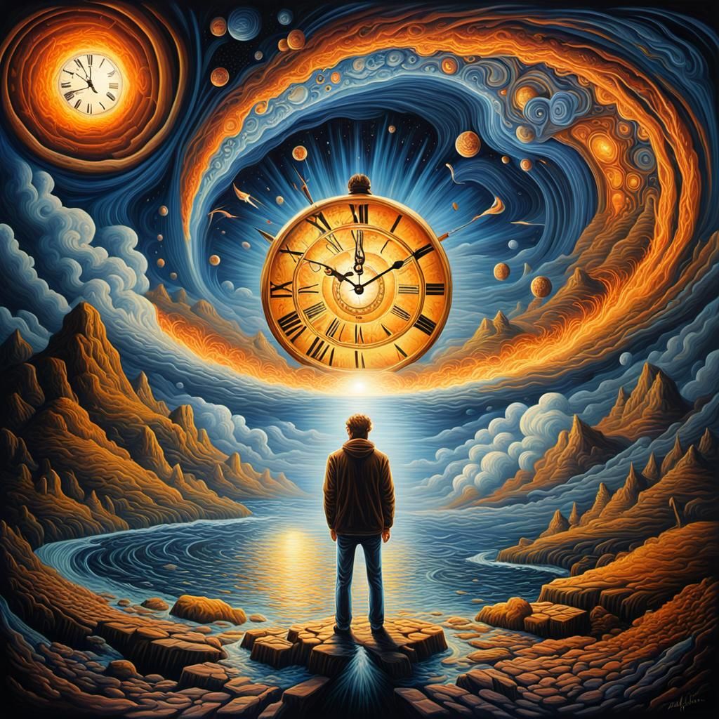 Surreal Man and Clock in Psychedelic Art Style