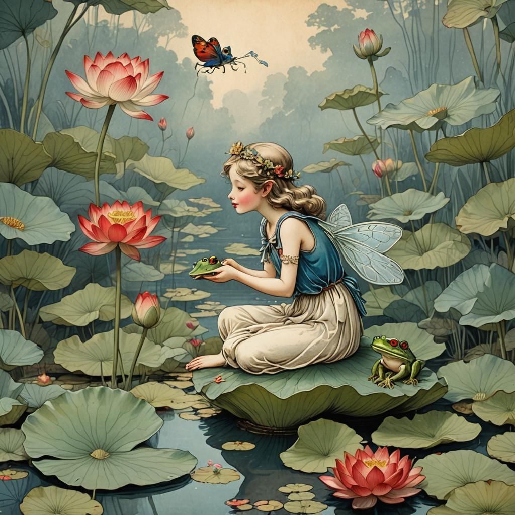 Fairy Kissing Frog in Vintage Style