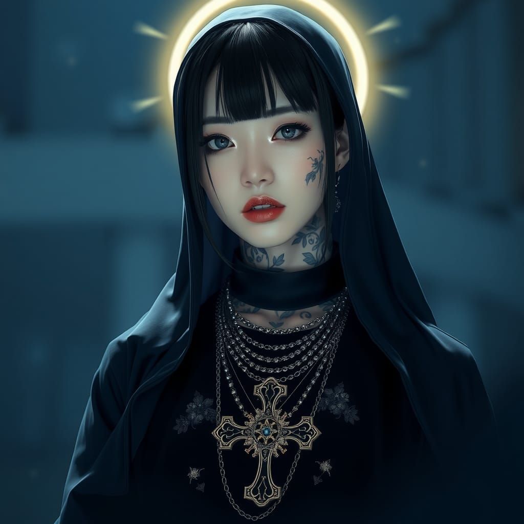 Gothic Korean Nun with Floral Tattoos, Digital Portrait