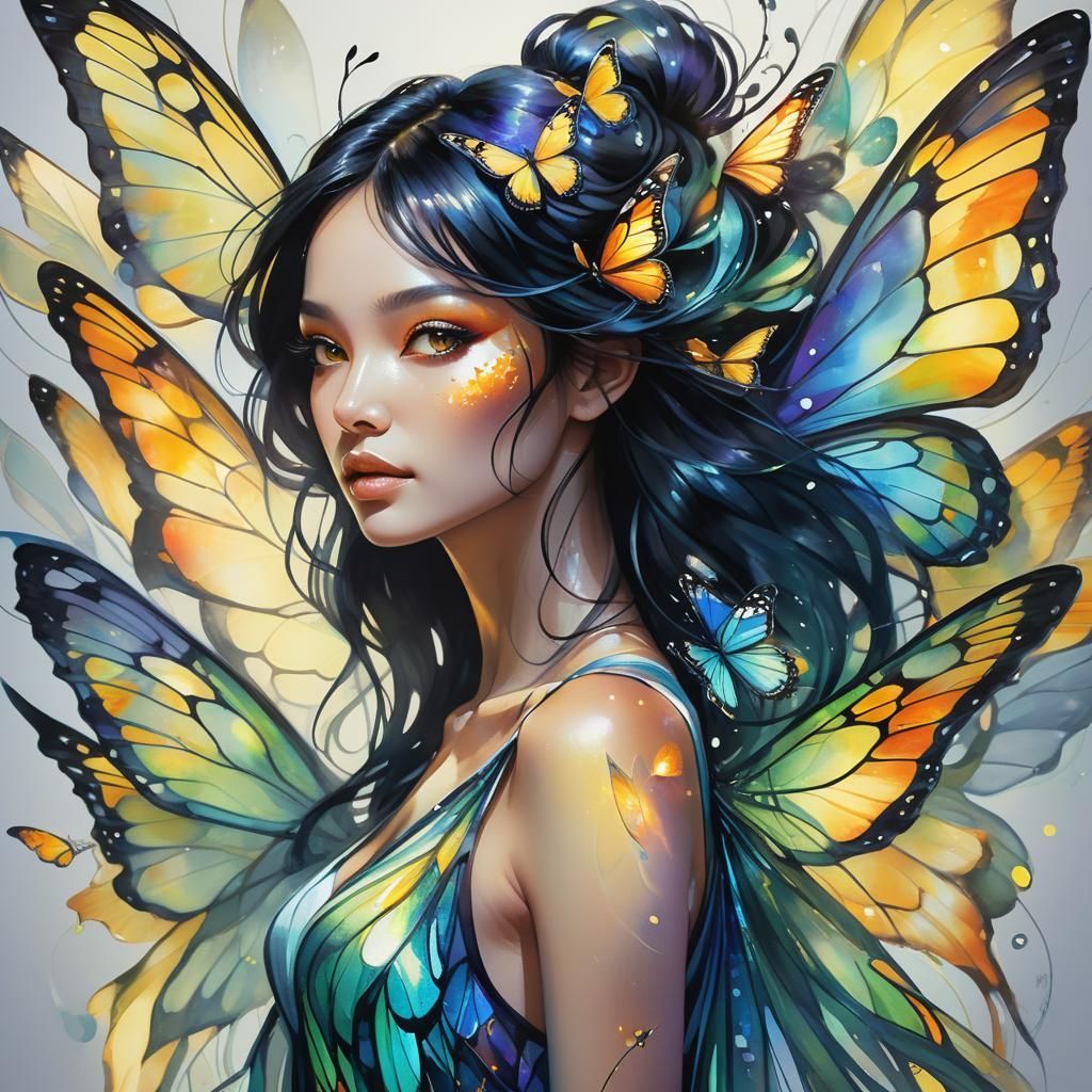 Butterfly Girl Portrait in Hyper-Realistic Watercolor Style