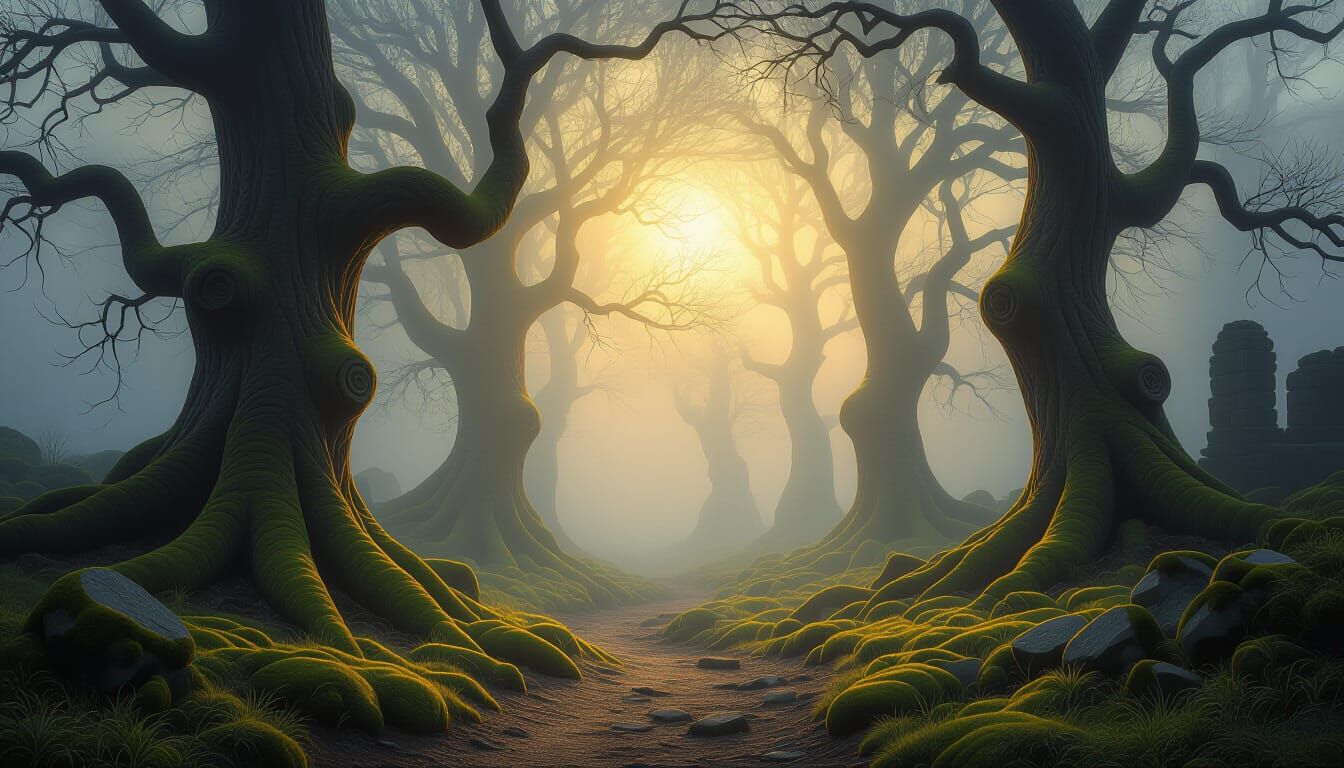 Misty Forest Path with Golden Light and Ruins