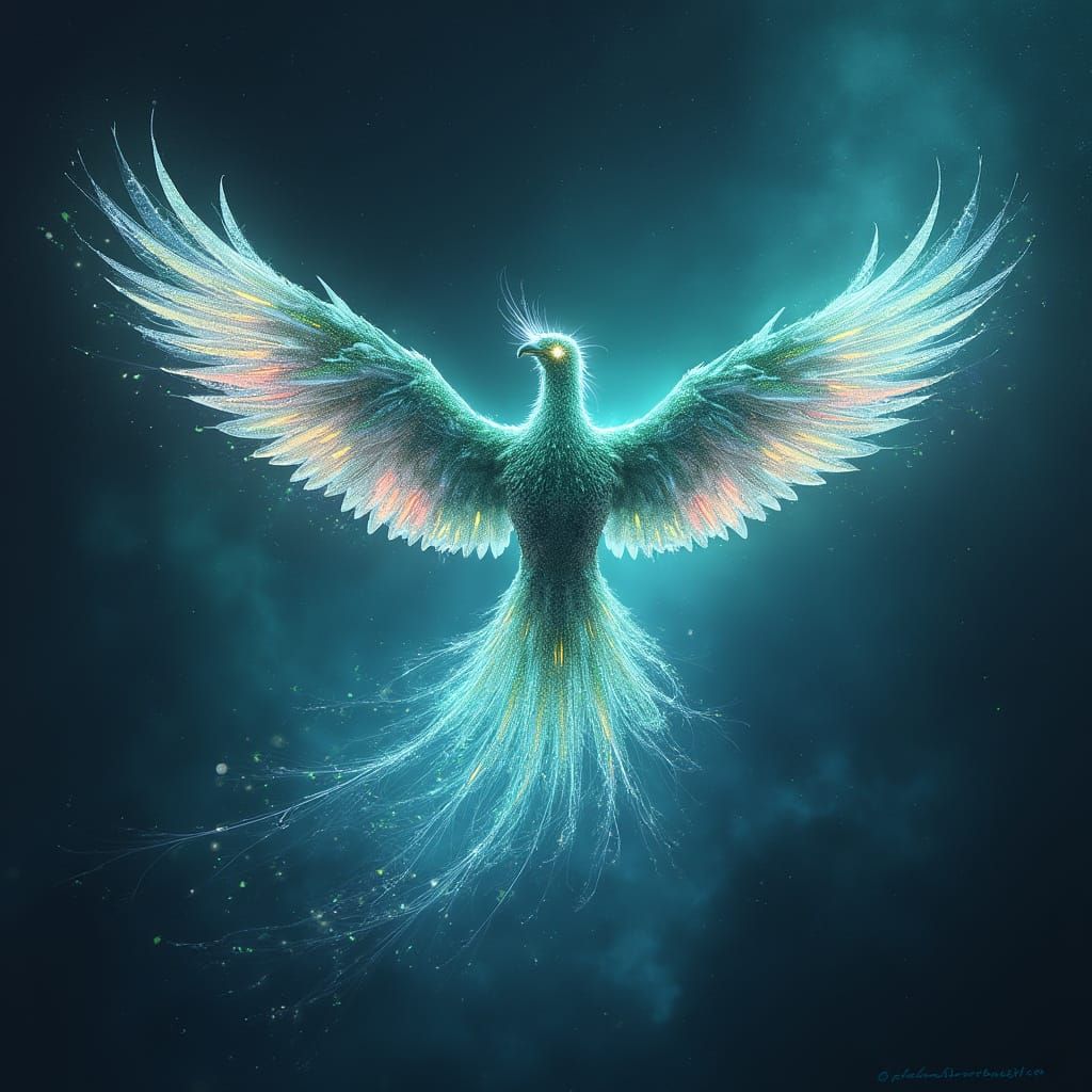 Cyberpunk Phoenix Soaring Through Data Nebula
