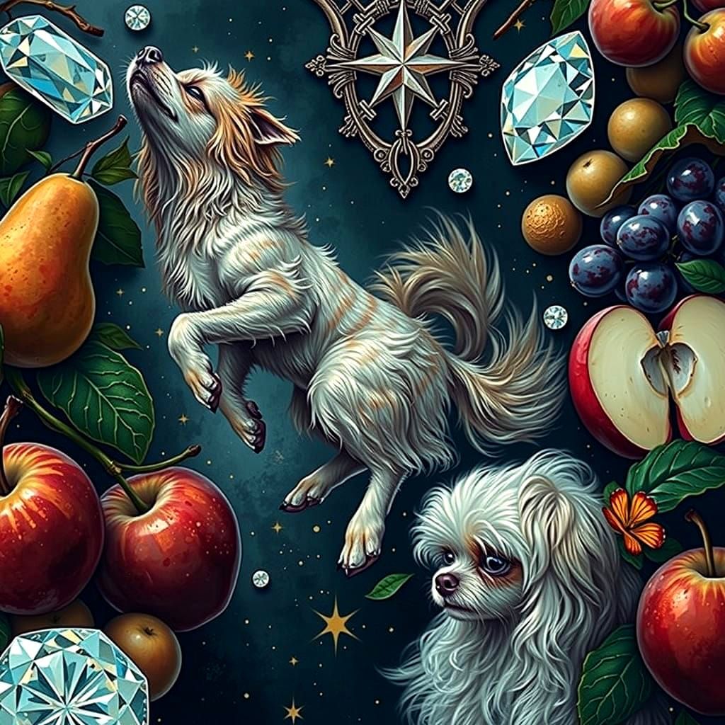 Glitchy Diamond Constellation with Pears, Apples, Grapes and...