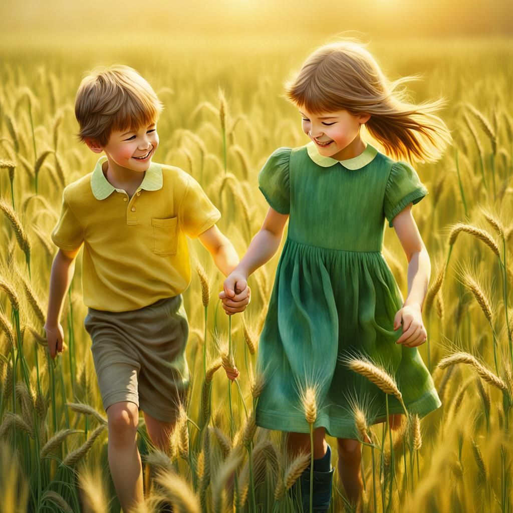 Children Playing in Wheat Field, Impressionist Oil Painting