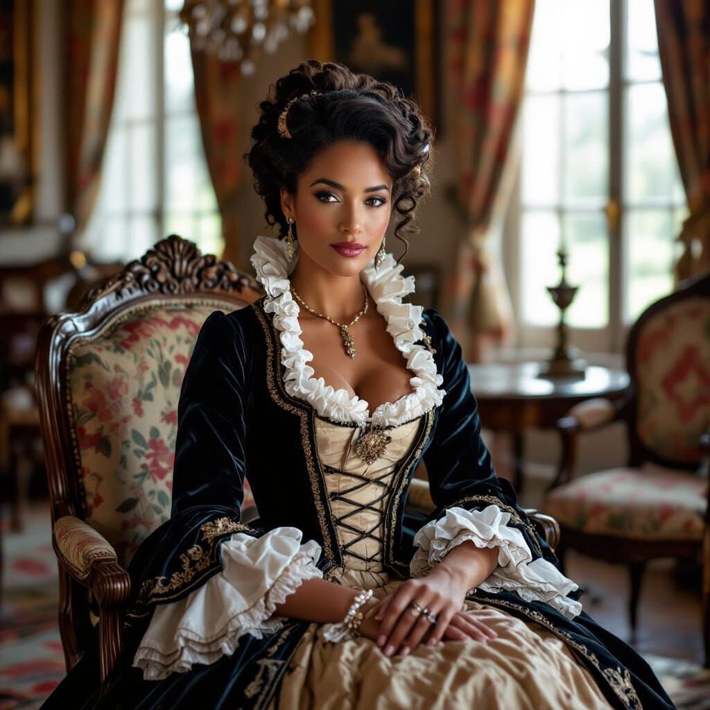 18th Century French Creole Woman in Ornate Parlor