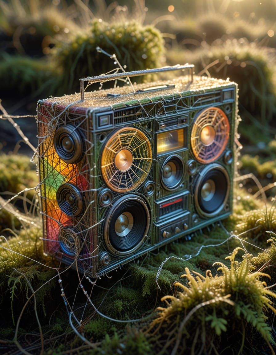 Intricate Spiderweb Boombox Sculpture in Warm Sunrise Light