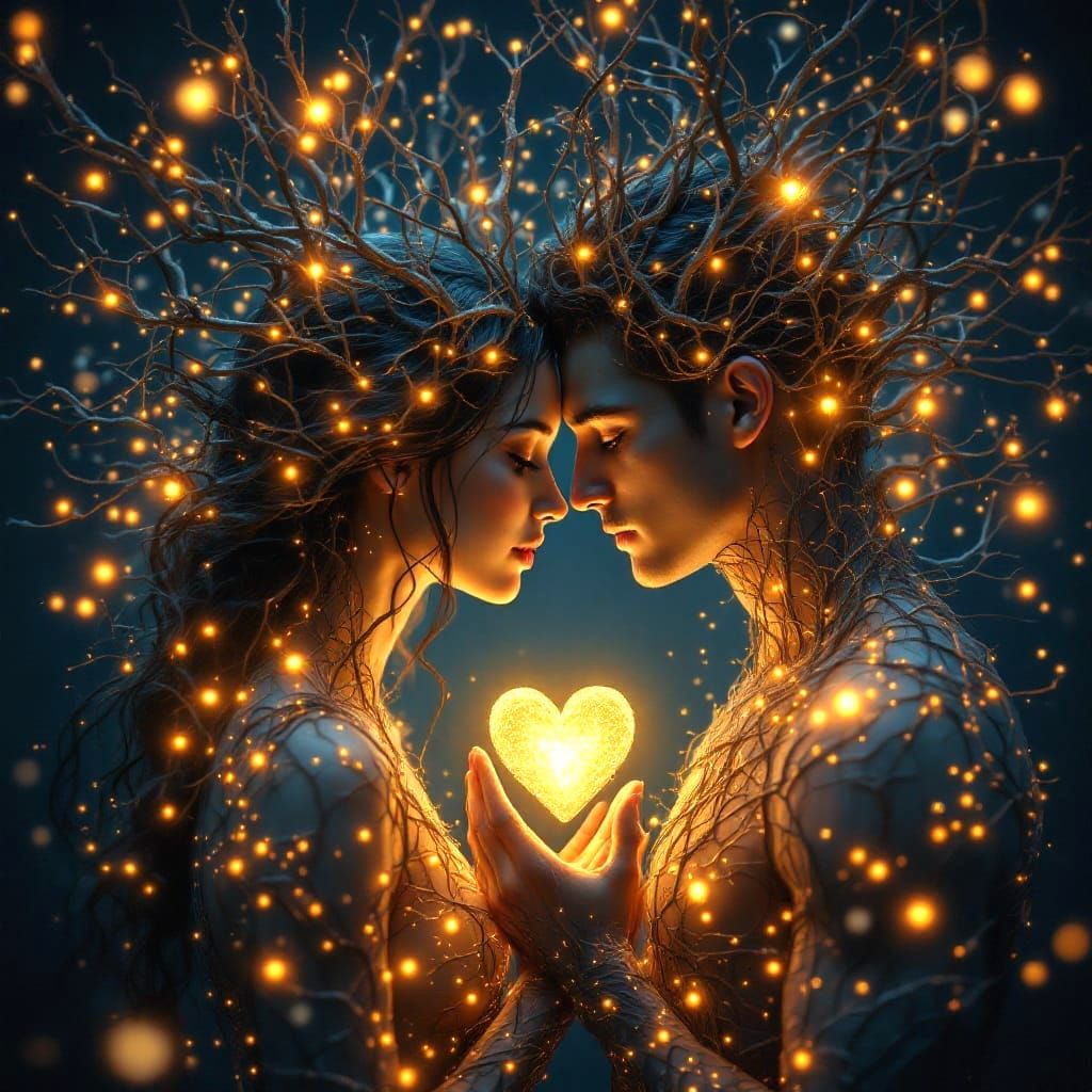 Ethereal Lovers Embracing in Radiant Harmony