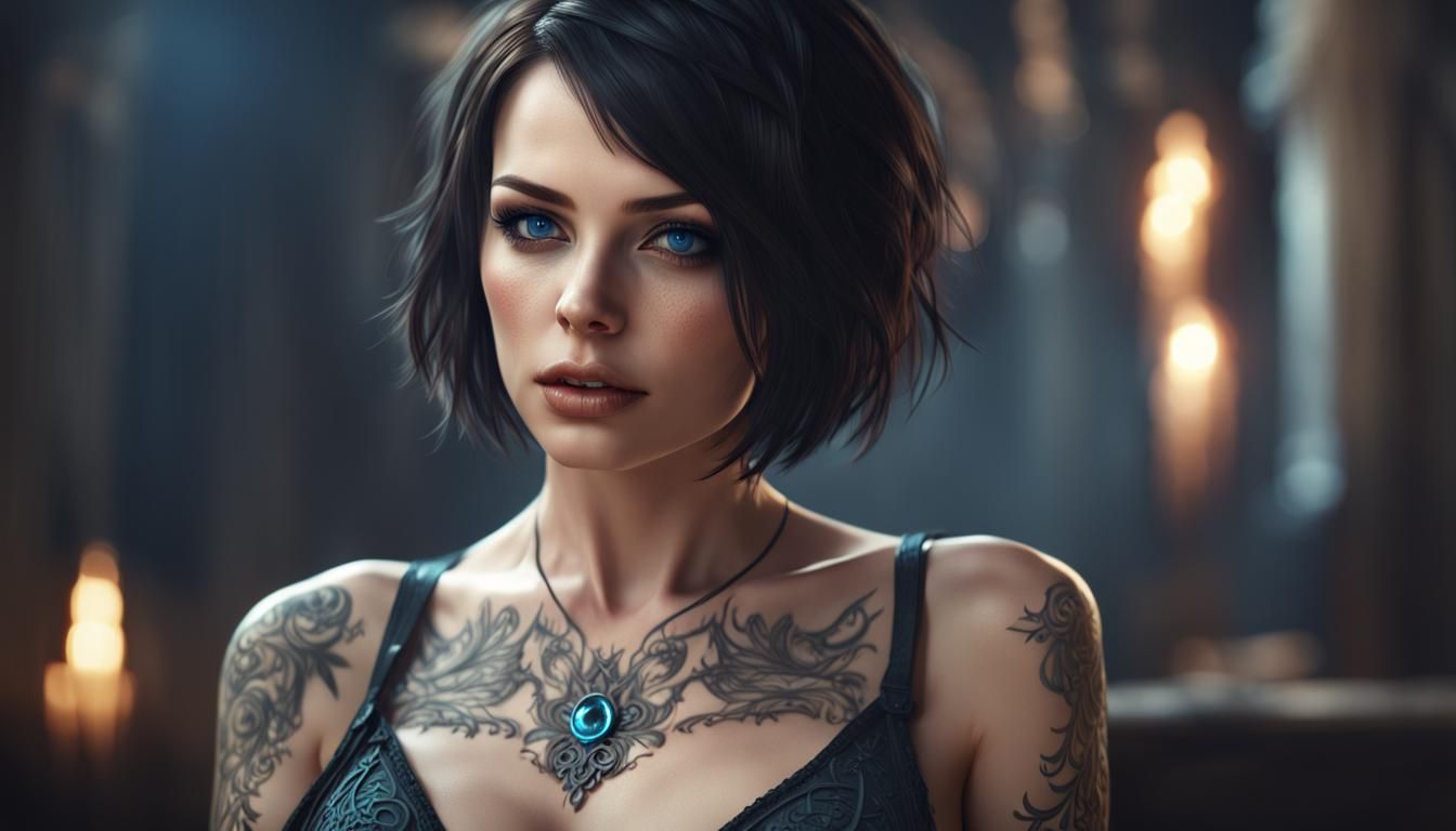 Brunette with Gothic Tattoo in Art Nouveau Style