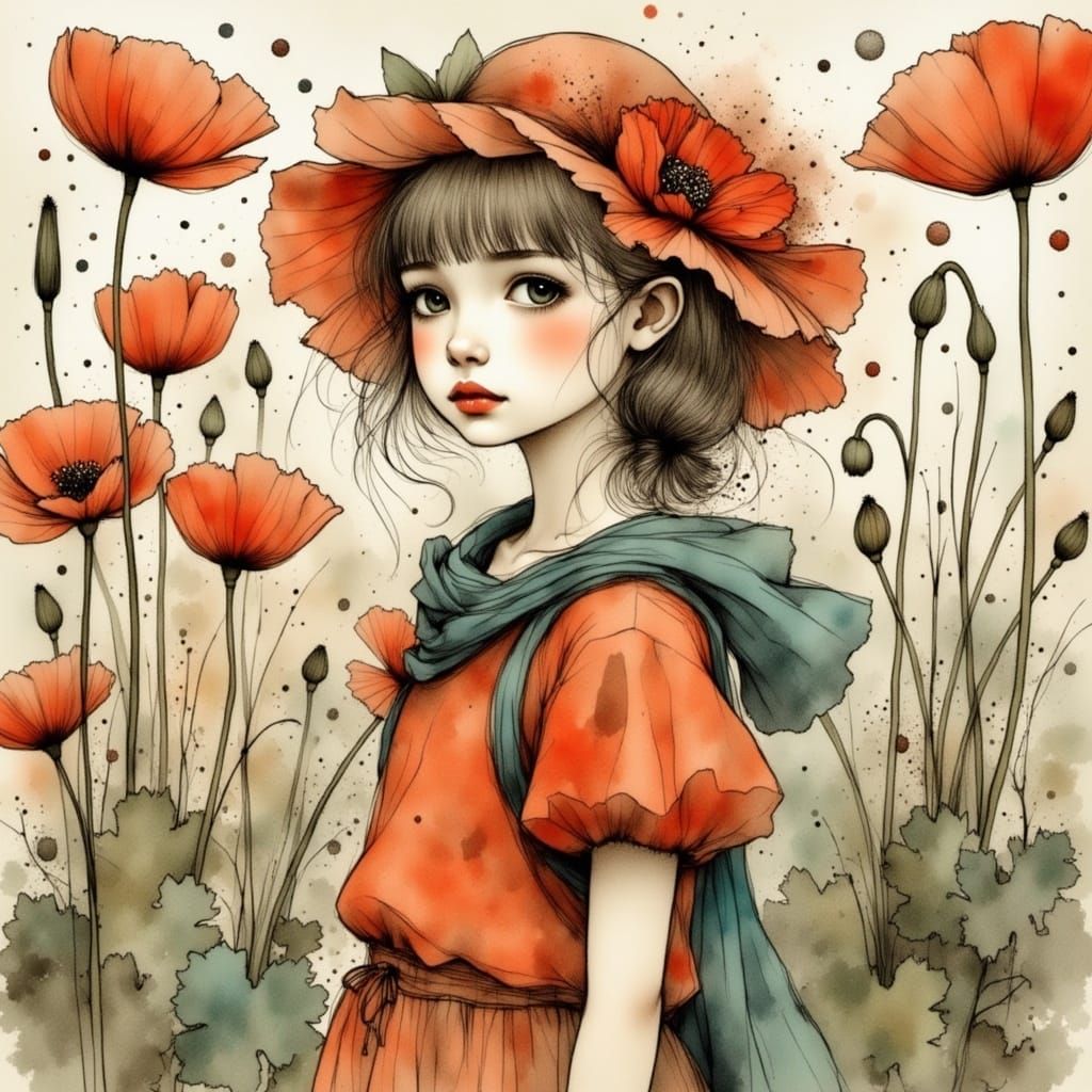 Poppy Blossom Art in Charcoal Style