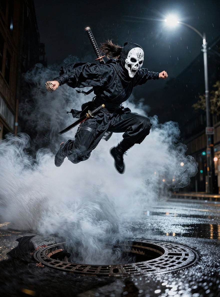 Female Ninja Leaps From Manhole on Rainy City Street