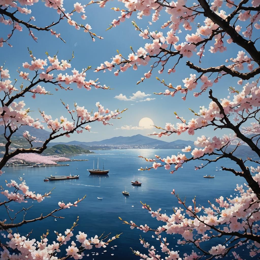 Cherry Blossoms Above the Sea: Golden Ratio Illustration